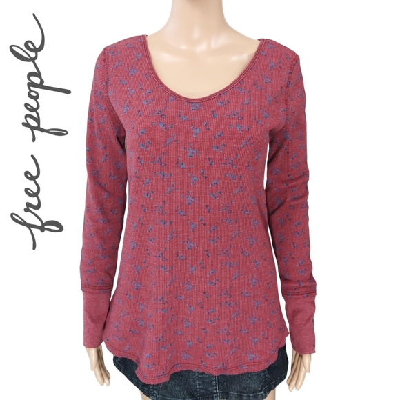 We The Free | Floral Waffle Knit Long Sleeve Earthy Thermal Layer Top | Medium - Picture 2 of 9